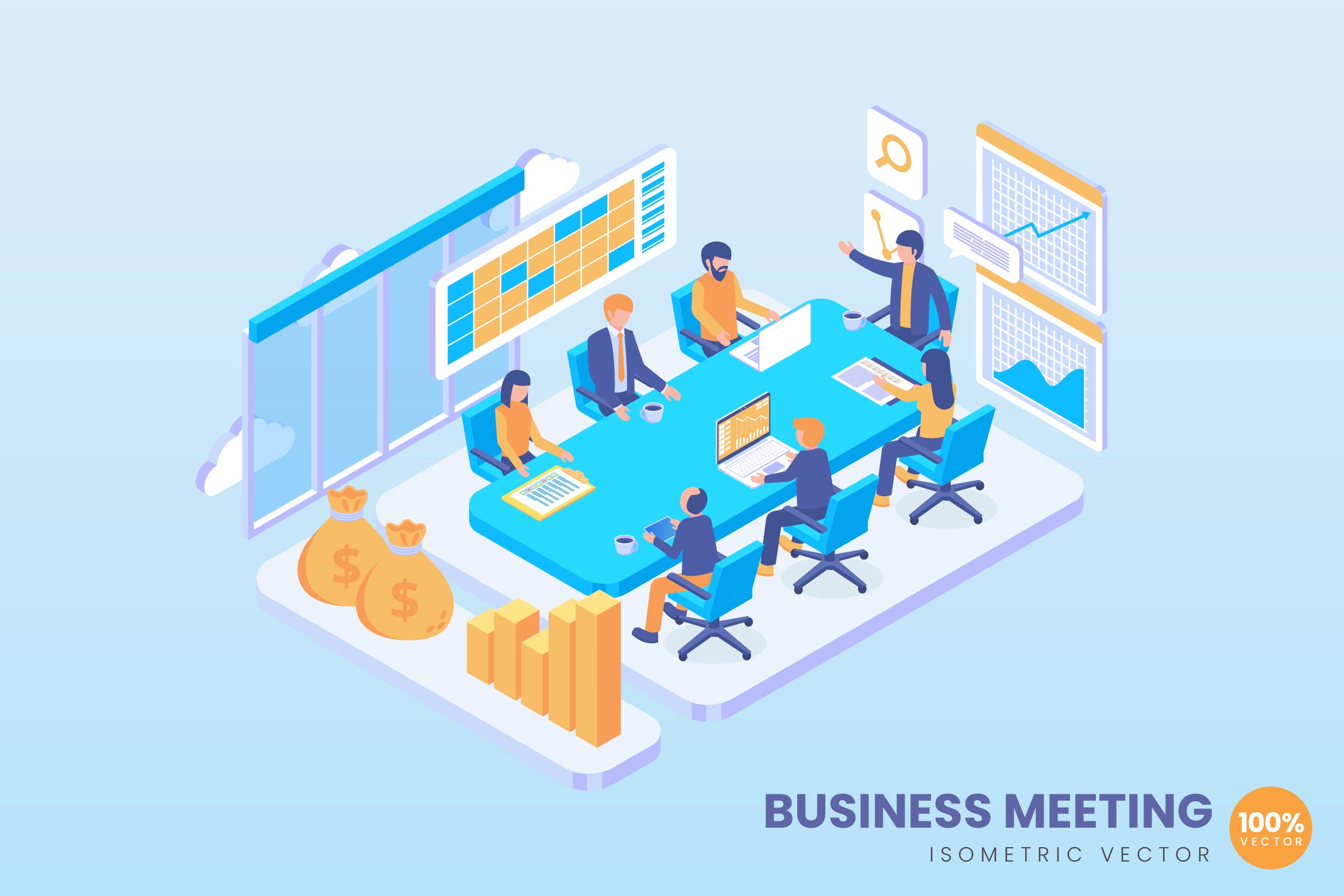 商务会议室场景2.5D矢量等距概念插画 Isometric Business Meeting Vector Concept插图