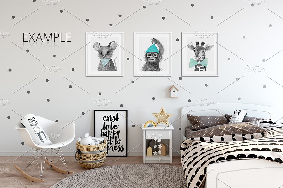 儿童主题卧室墙纸设计&相框样机 Interior KIDS WALL & FRAMES Mockup 2插图(37)