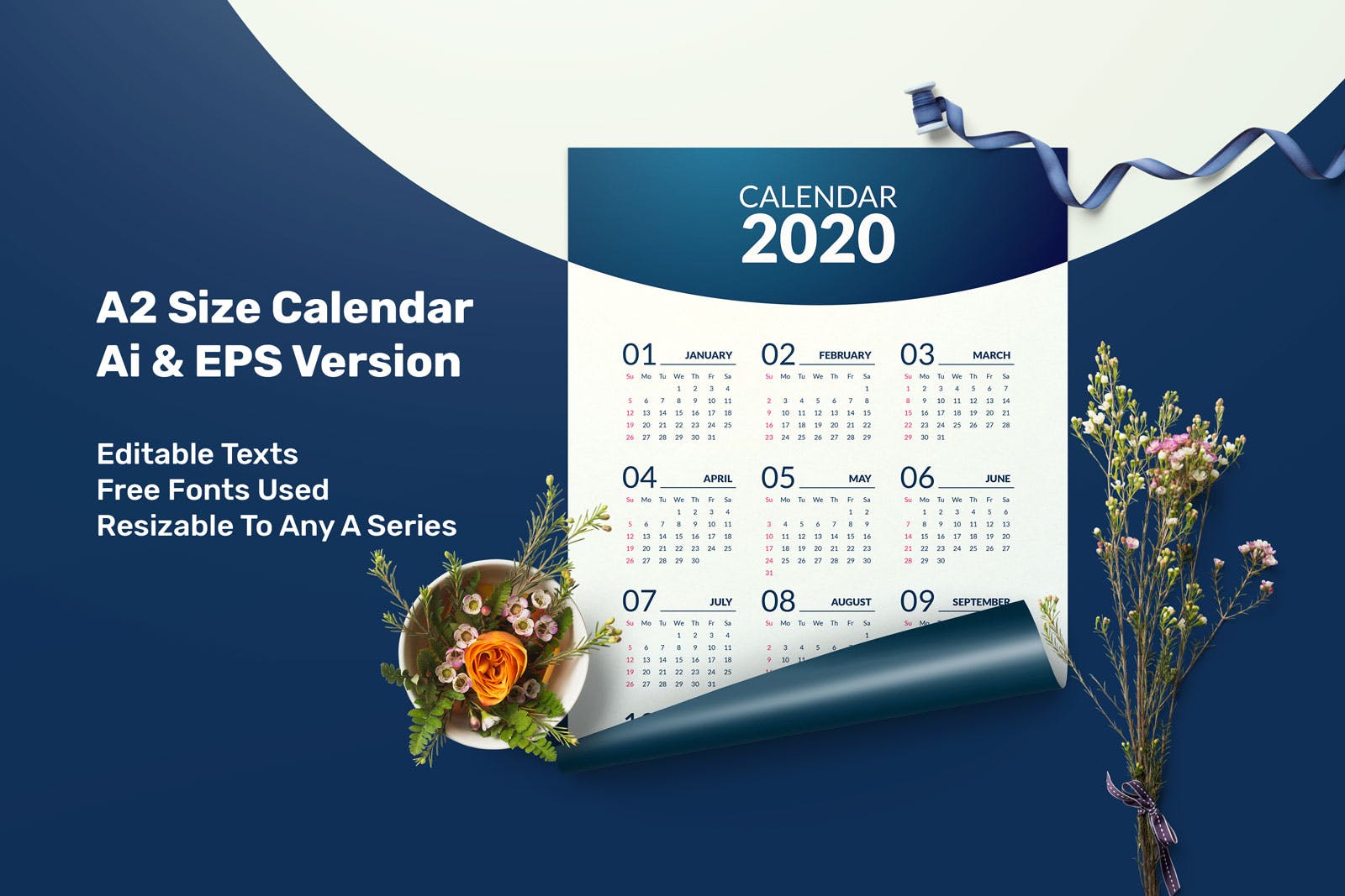 极简风格2020年挂历设计模板 Minimal Calendar 2020插图(2)