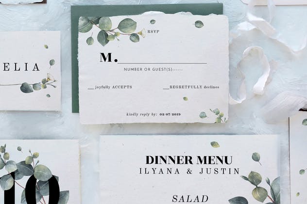 桉树叶子婚礼邀请函设计模板 Eucalyptus Foliage Wedding Suite插图(1)