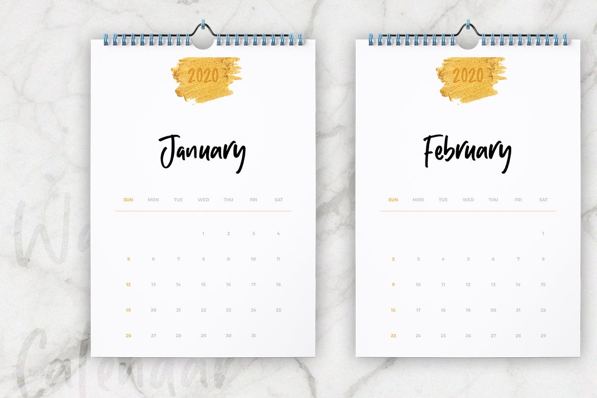 2020年超简约版式活页翻页日历设计模板 Wall Calendar 2020 Layout插图(1)