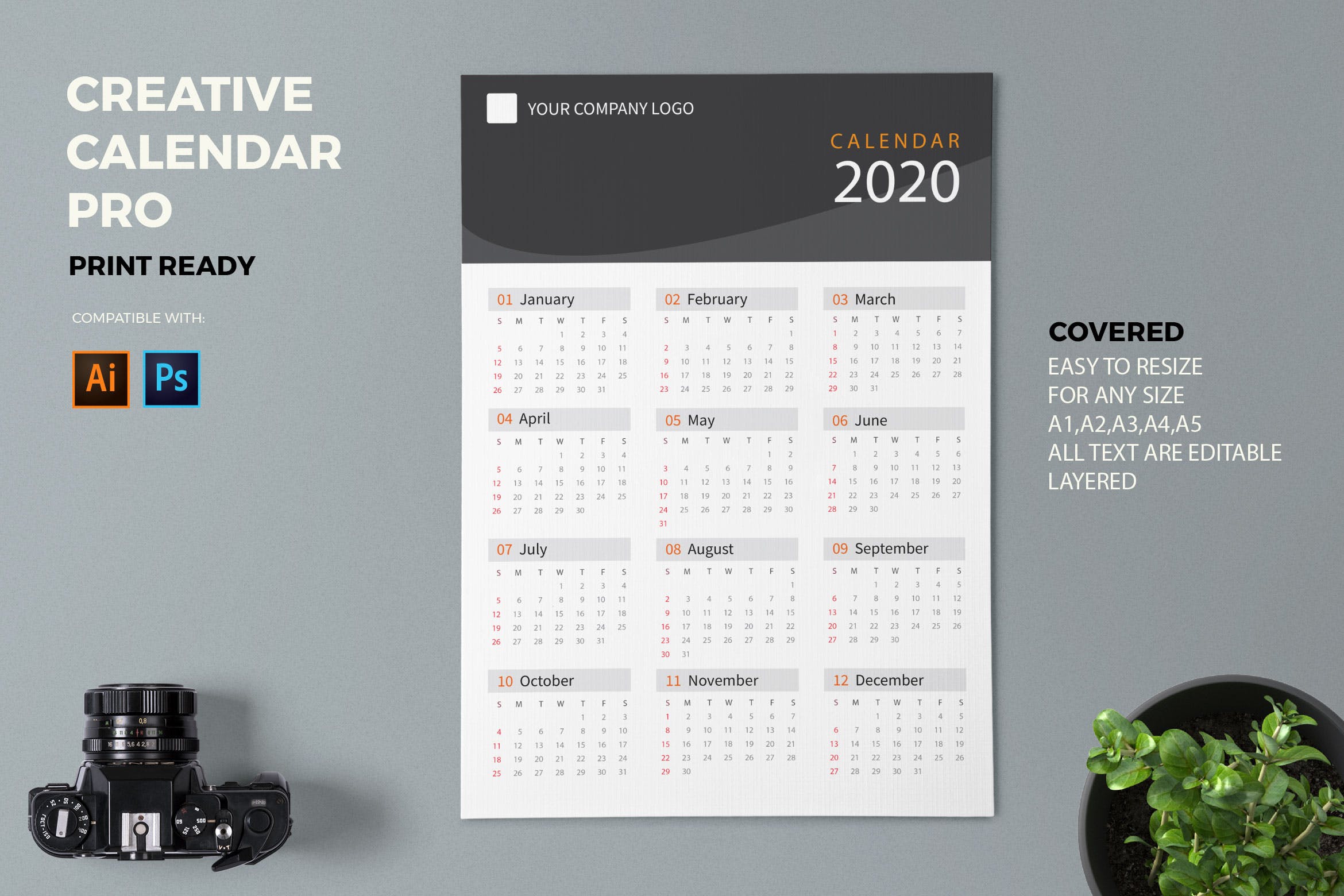 素色设计风格2020日历年历设计模板 Creative Calendar Pro 2020插图