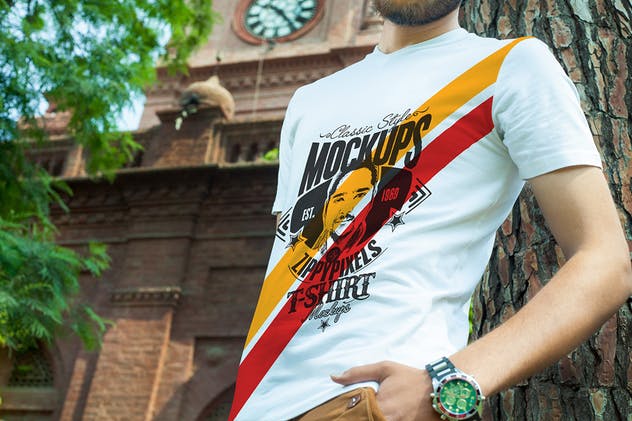 时尚男士V领T恤印花设计服装样机 Stylish V-Neck T-Shirt Mockups插图(4)