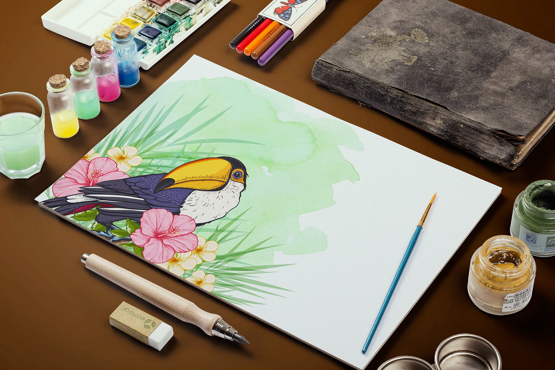 巨嘴鸟&花卉水彩手绘矢量插画素材 Tropical Vibes Vector Design Kit插图(4)