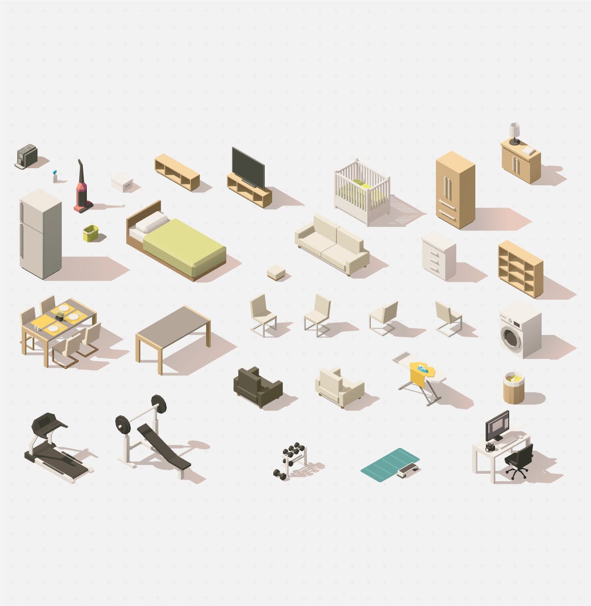 64个扁平设计风格家具等距场景插画素材 Furniture Isometric Flat Set插图(2)