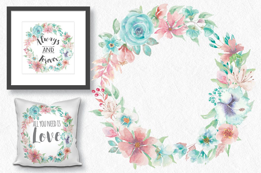 “珊瑚与海”：水彩花圈和花束水彩手绘剪贴画PNG素材 “Coral and Sea”: Watercolor Wreath and Bouquets插图(1)