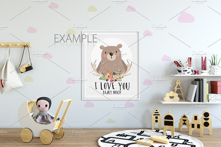 儿童主题卧室墙纸设计&相框样机 Interior KIDS WALL & FRAMES Mockup 2插图(31)