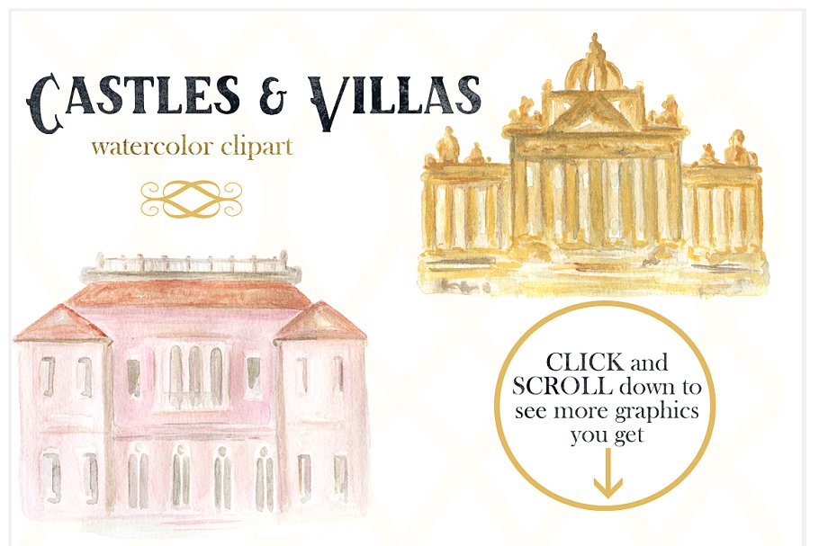 豪华建筑城堡别墅系列水彩剪贴画 Castles & villas houses watercolor插图(1)