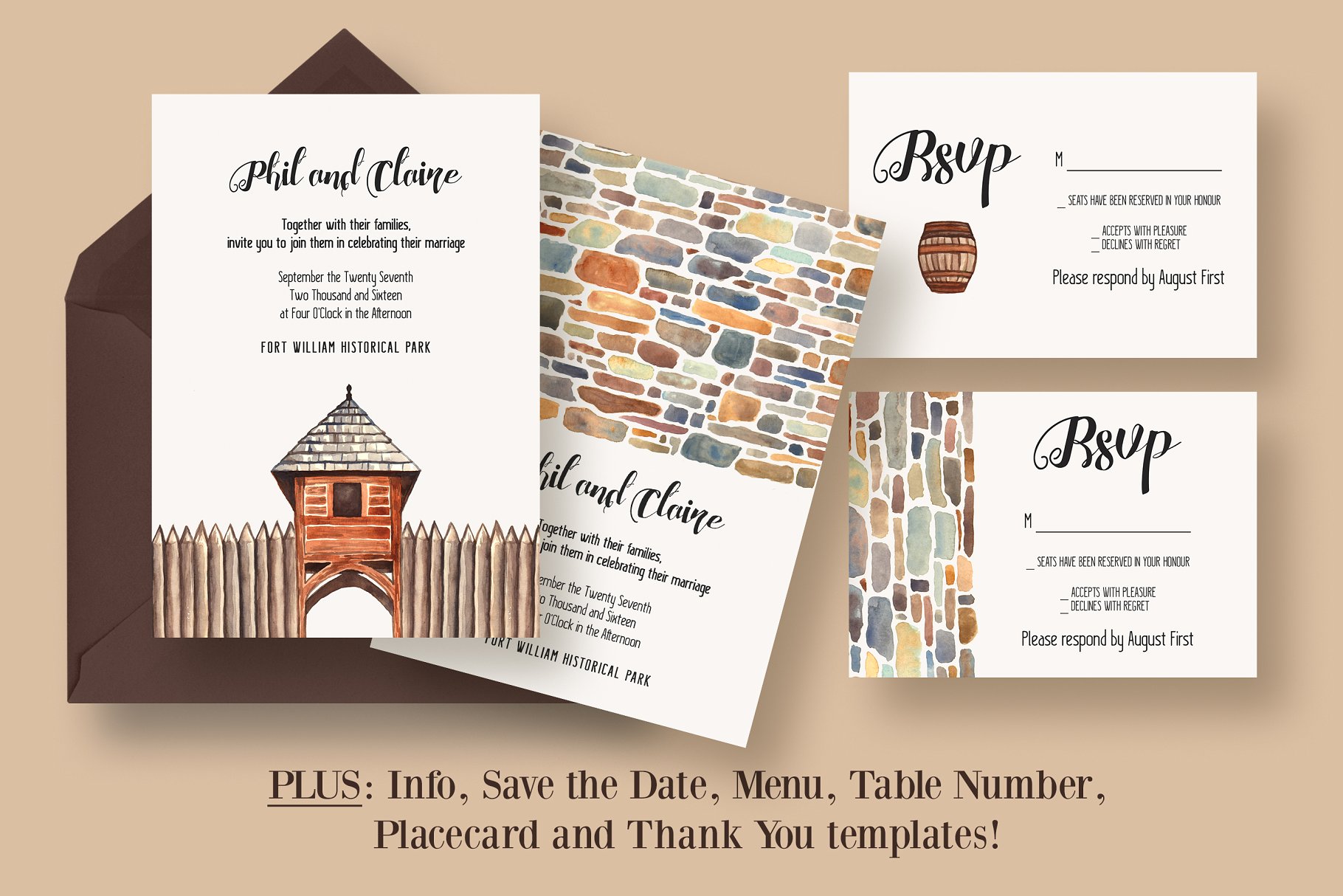 手绘插画风格婚礼设计物料模板 Historical Venue Wedding Suite插图