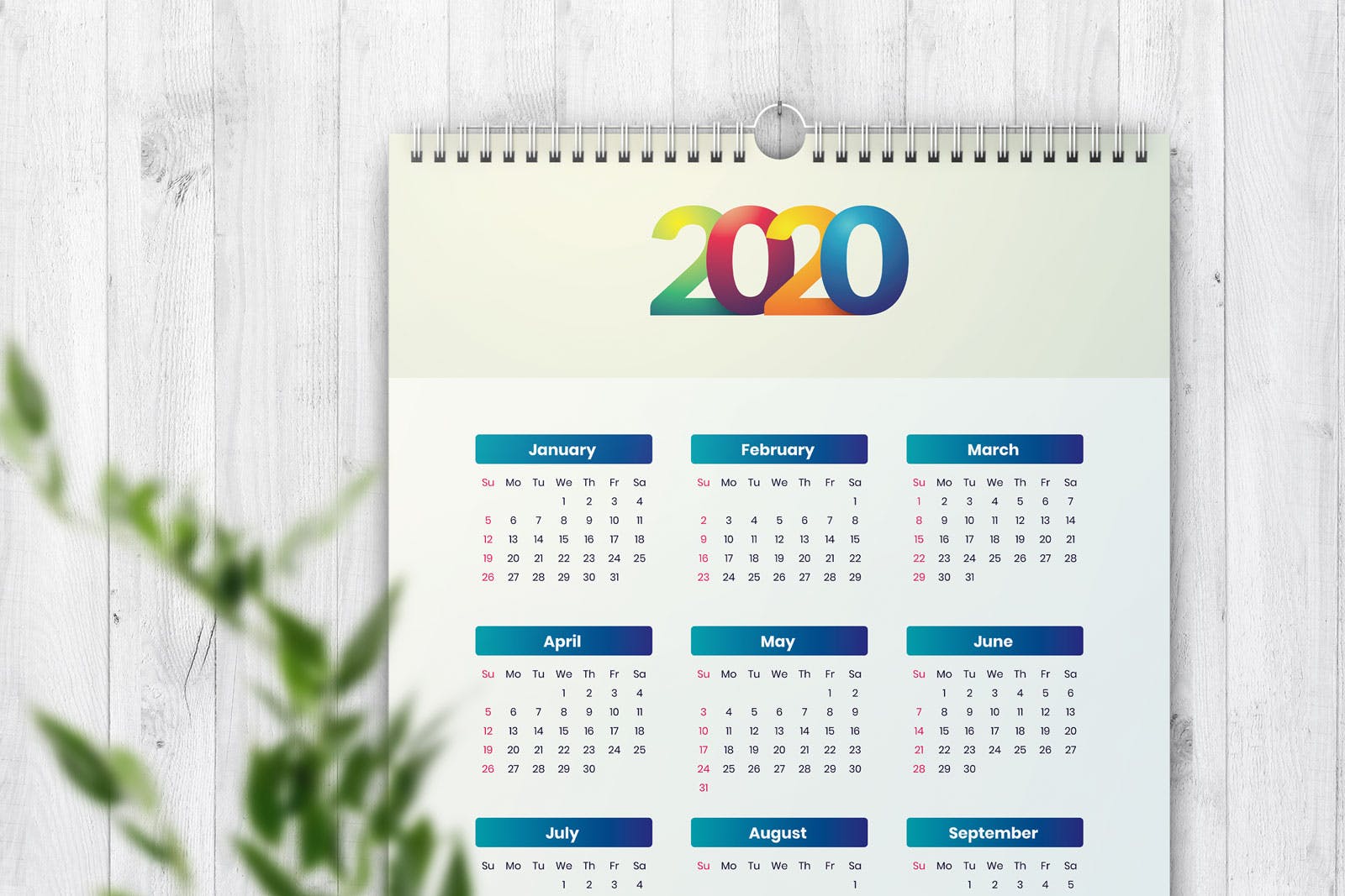极简风格2020年单页日历表设计模板 Simple Calendar 2020插图(1)