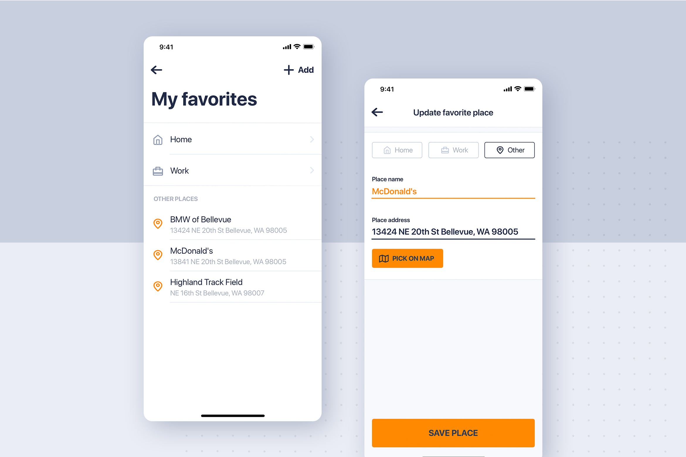 类滴滴打车APP应用常用地址收藏界面设计模板 Car rental mobile UI Kit – Update Favorites place插图