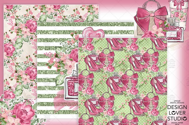 情人节礼物腮红色水彩花卉剪贴画设计素材 Spring Girl digital paper pack插图(2)