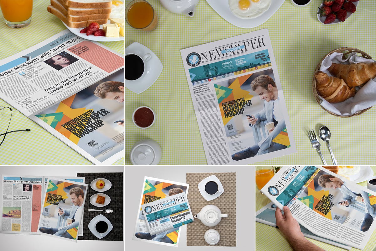 早餐读报场景报纸广告设计样机 Newspaper Ad Design Mockups插图