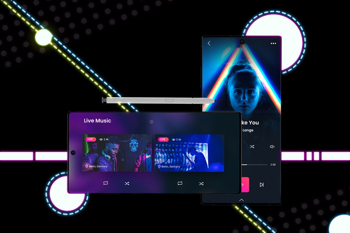 酷黑背景三星智能手机Note 10多角度屏幕预览样机模板 Neon Note 10 MockUp插图(6)