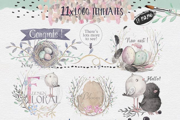 “春天与乌鸦”水彩插画元素合集 “Spring & crows” bundle插图(3)