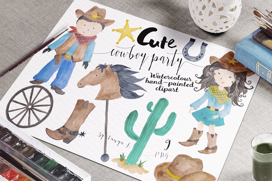 西部牛仔可爱风格水彩插画 Cowboy Party Watercolor Set插图(2)