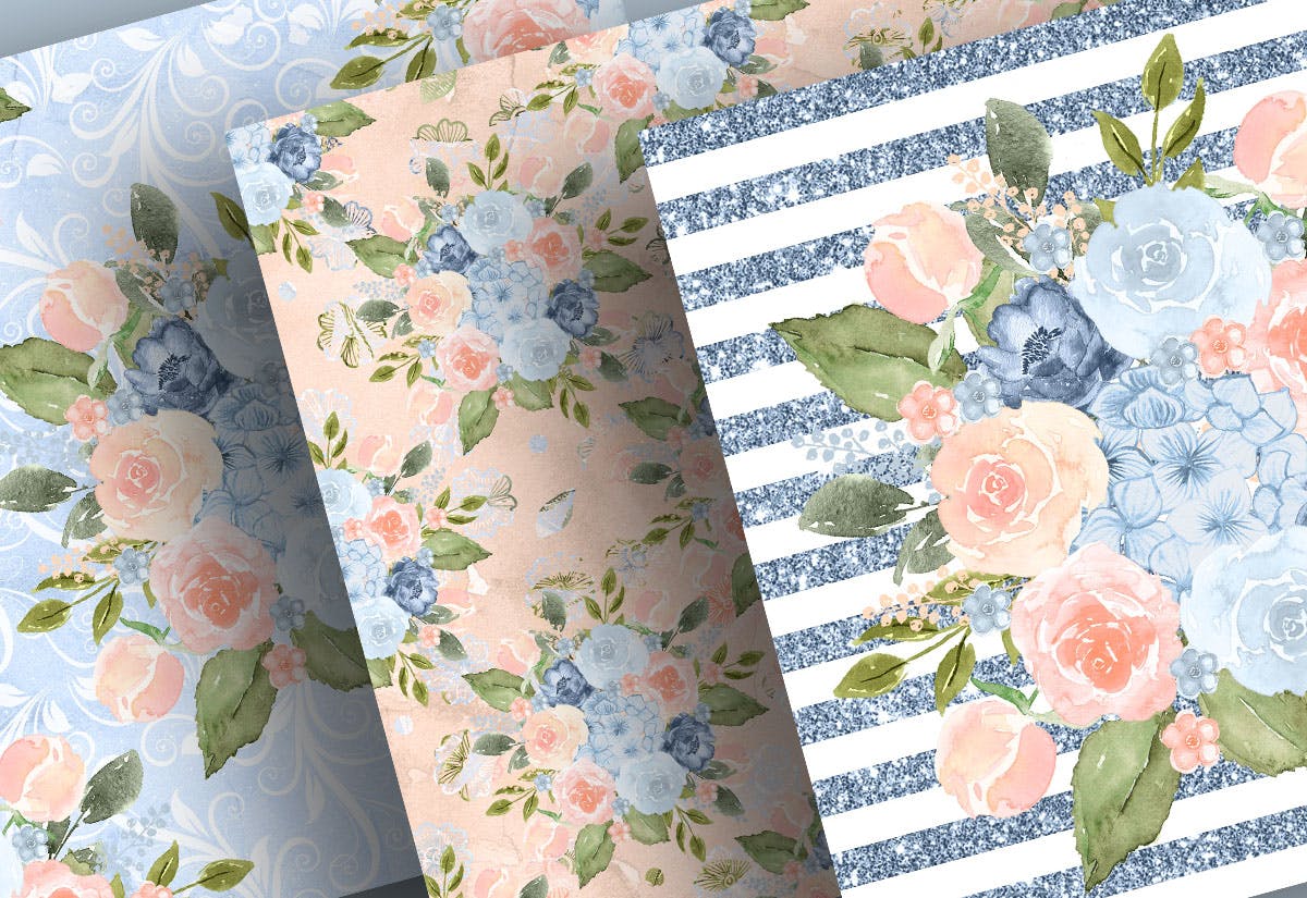 蓝色桃色水彩手绘图案数码纸张设计素材 Watercolor Blue Peach digital paper pack插图(2)