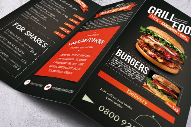 烧烤吧主题餐厅三折页食物菜单模板 Grill BBQ Trifold Food Menu插图(4)