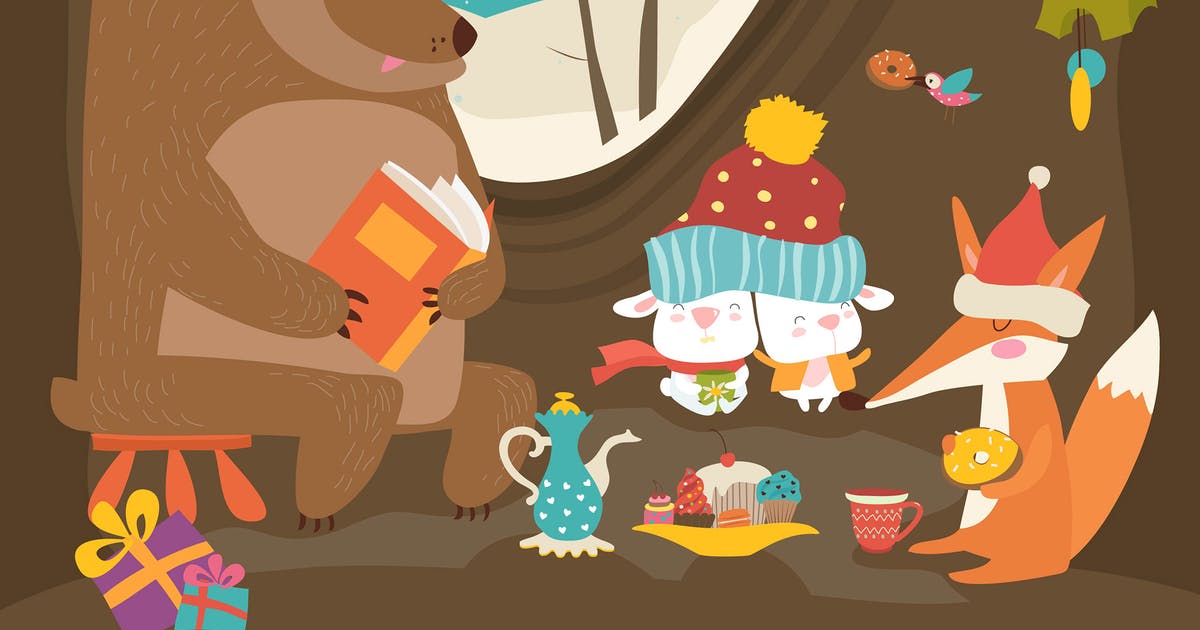 可爱动物庆祝圣诞节矢量手绘图案素材 Cute animals celebrating Christmas in den. Vector插图