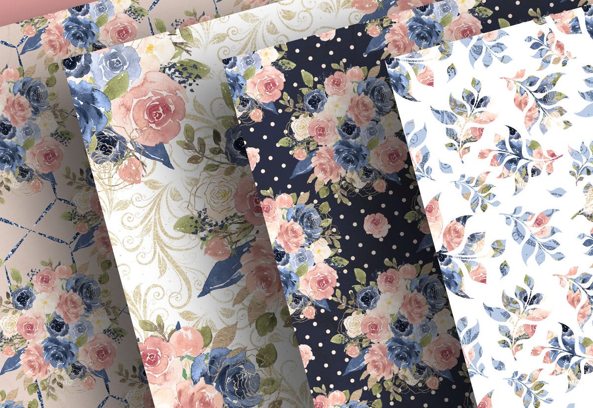 海军蓝和粉色水彩数码纸张设计素材 Watercolor Navy and Pink digital paper pack插图(1)