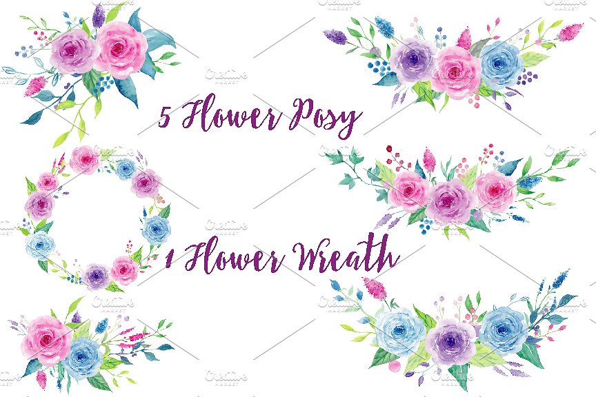 紫色水彩花卉剪辑收藏 Watercolor Clipart Violet Collection插图(2)