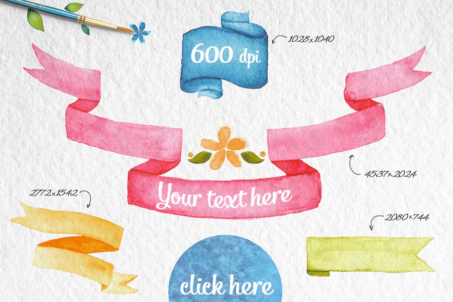 20款手绘水彩花卉丝带剪贴画 20 watercolor ribbons插图(1)