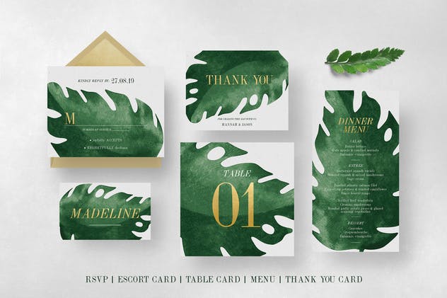 优雅热带植物装饰婚礼邀请函设计模板套装 Elegant Tropical Wedding Suite插图(5)