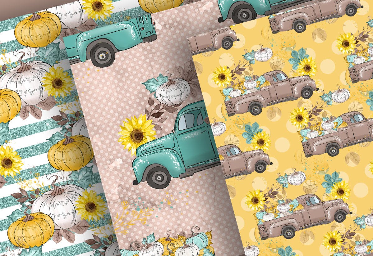 感恩节节日主题手绘南瓜卡车数码纸张图案素材 Thanksgiving car digital paper pack插图(2)