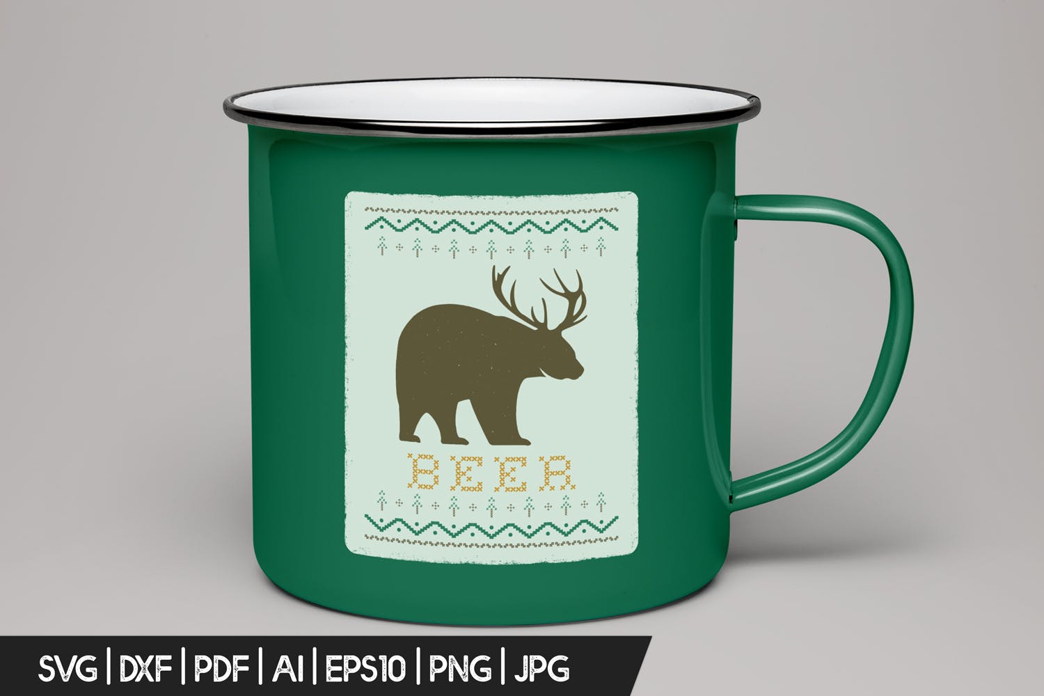 圣诞节主题T恤带鹿角黑熊印花图案设计模板 Funny Christmas Print T-Shirt Sweater. Beer Design插图(1)