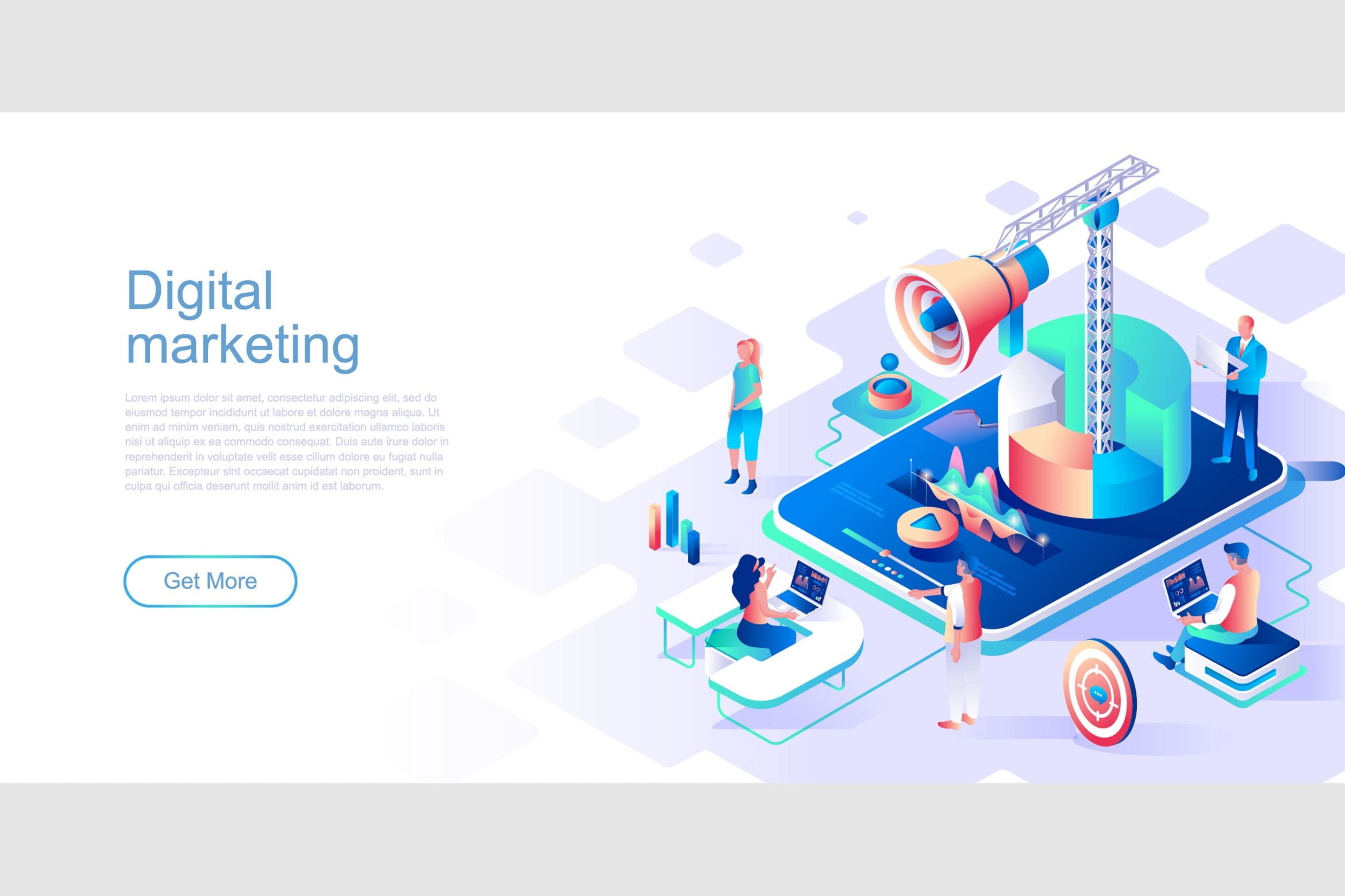 数字营销主题网站设计等距素材库精选概念插画 Digital Marketing Isometric Flat Concept Header插图