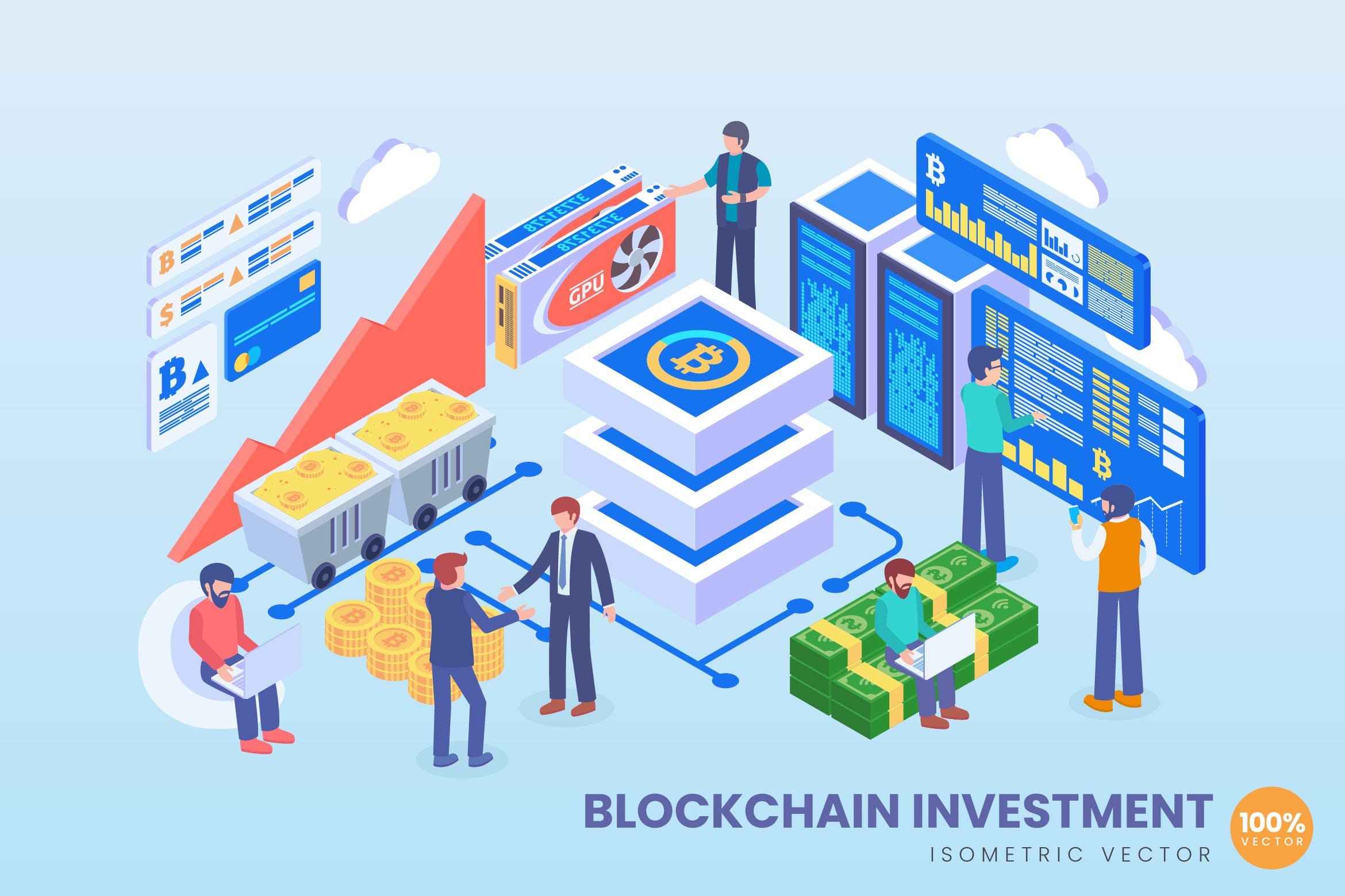 区块链投资主题等距矢量素材库精选概念插画素材 Isometric Blockchain Investment Vector Concept插图