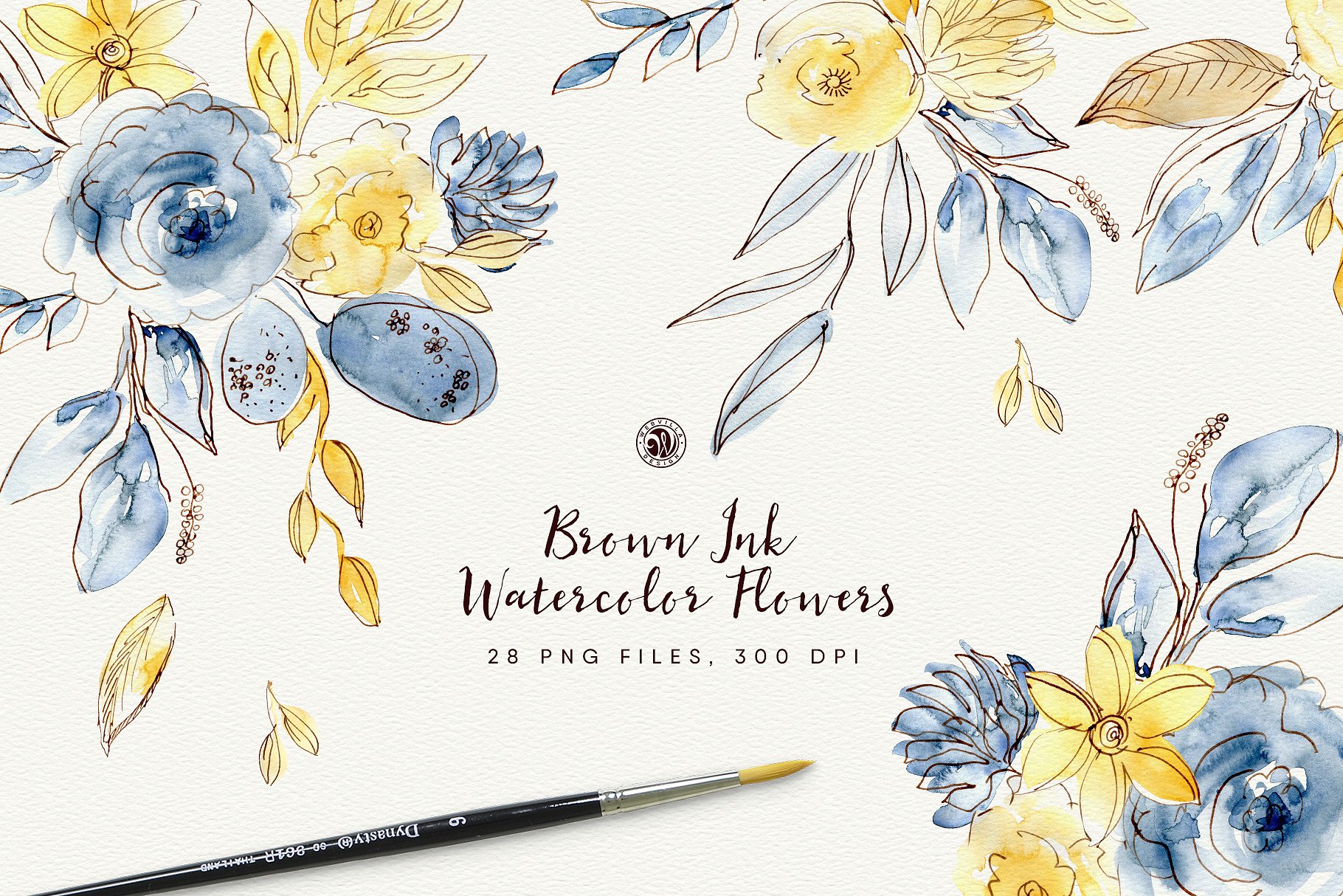 棕色油墨手绘水彩花卉元素 Brown Ink Watercolor Flowers插图