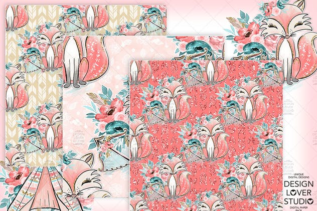 波西米亚风格狐狸无缝图案设计素材 Boho Fox digital paper pack插图(4)