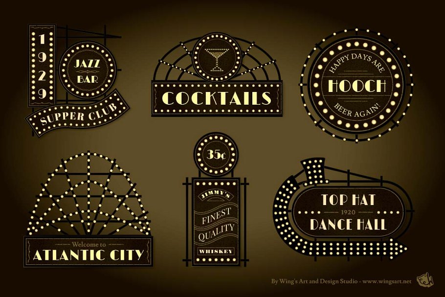 集市,夜总会和舞厅风格复古店招模板 Prohibition Era Boardwalk Signs插图(1)