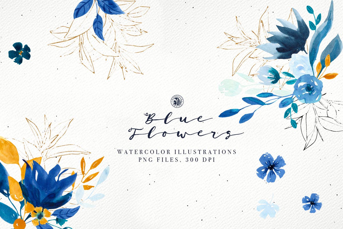 浪漫蓝色花卉水彩矢量插画套装 Blue Flowers插图