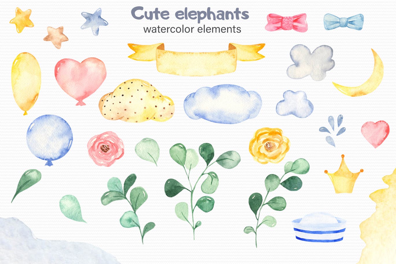 可爱卡通小象水彩手绘剪贴画&卡片素材 Watercolor cute elephants. Clipart and cards插图(2)