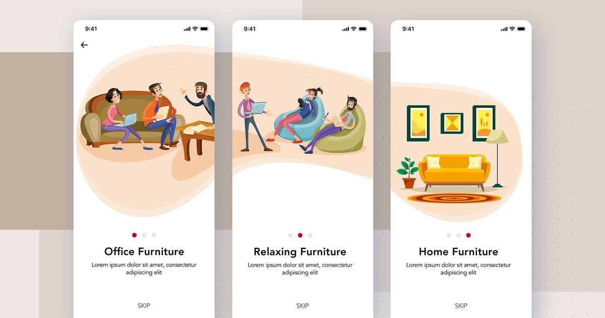 家具网上商城APP启动页屏幕界面设计SKETCH素材 3 Onboarding screens for Furniture App插图