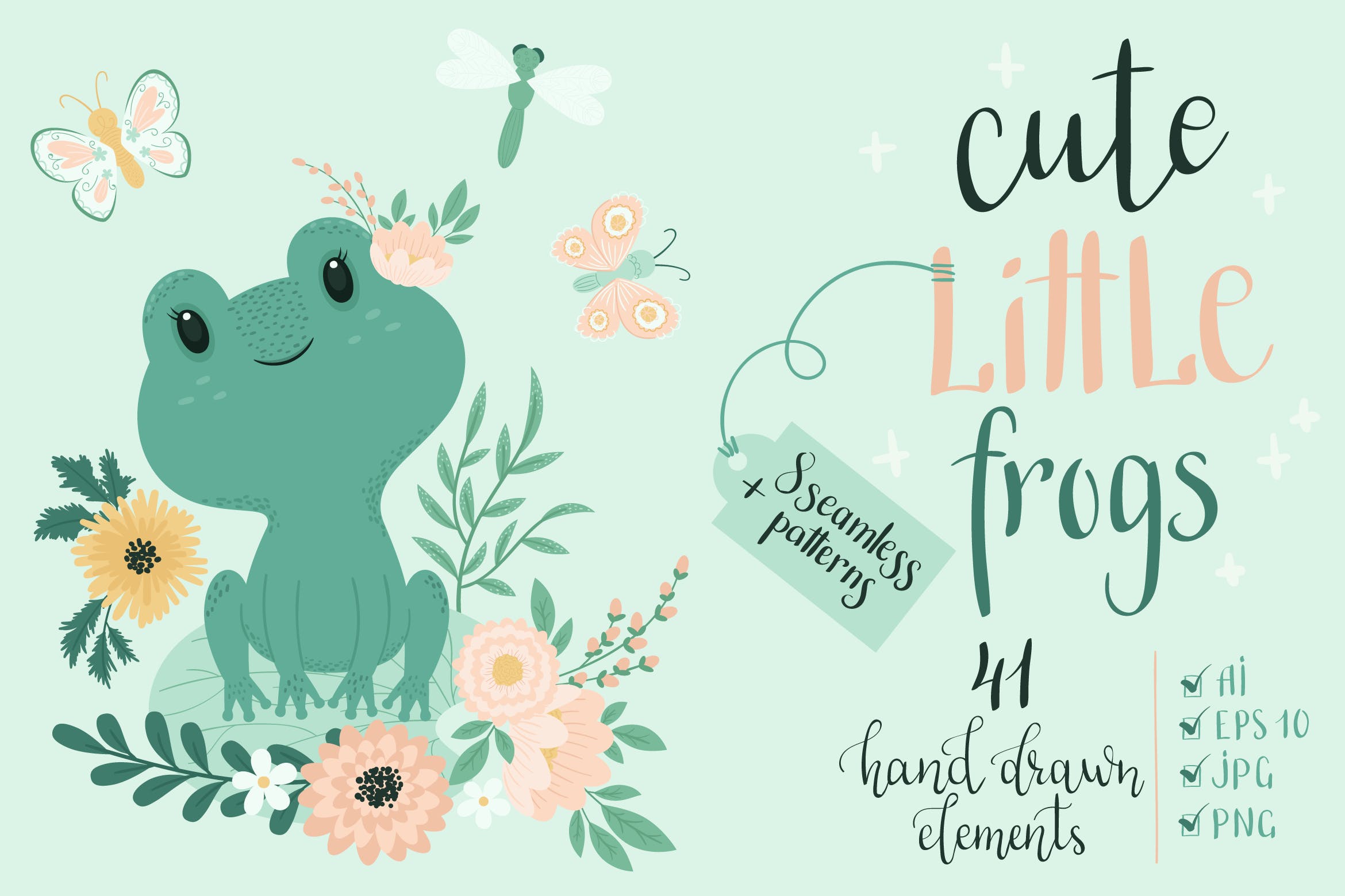 可爱小青蛙手绘矢量图形素材库精选设计素材 Cute Little Frogs Vector Graphic Set插图