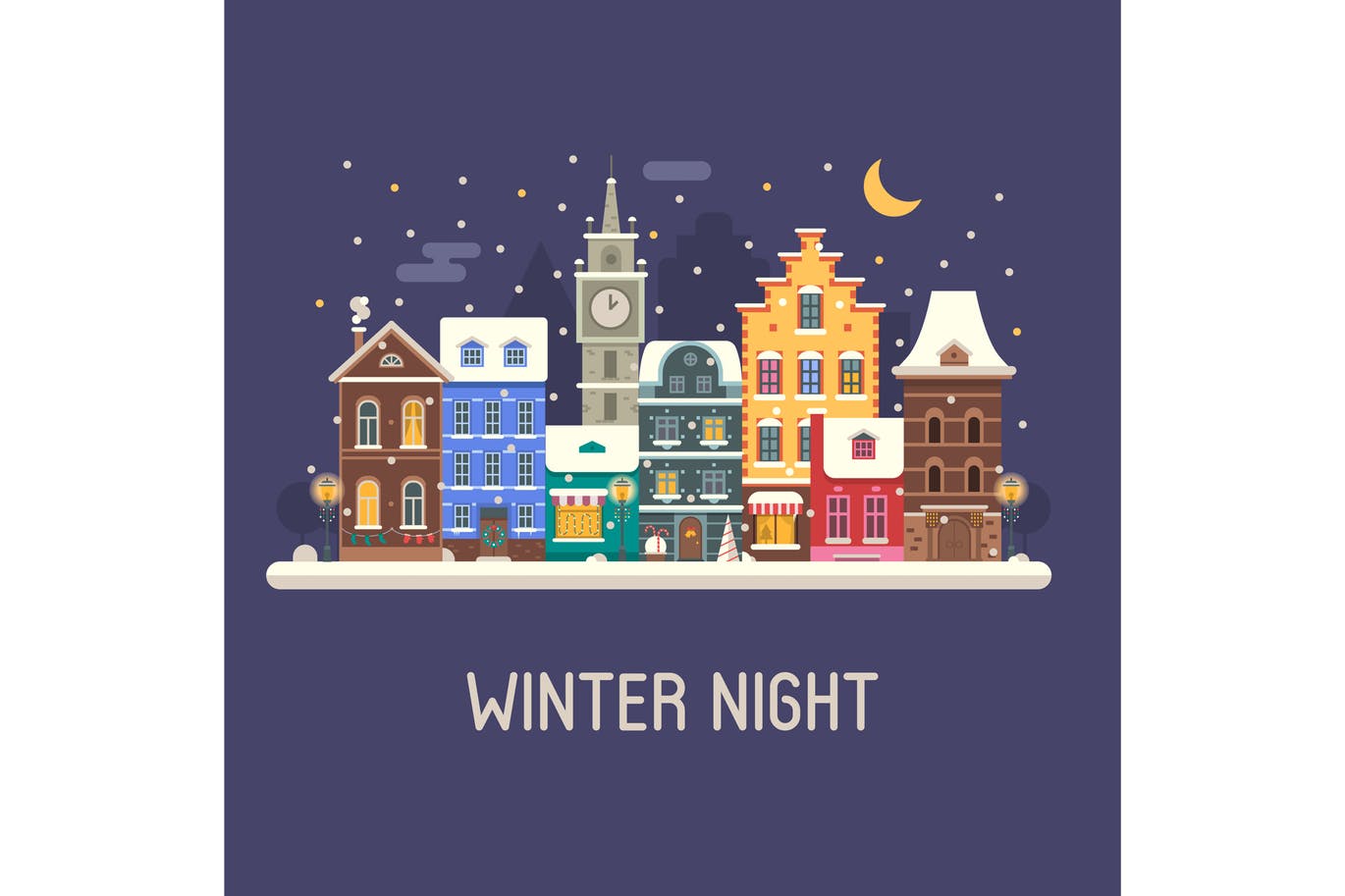 欧洲城镇圣诞节夜景场景插画 Europe Christmas Street插图