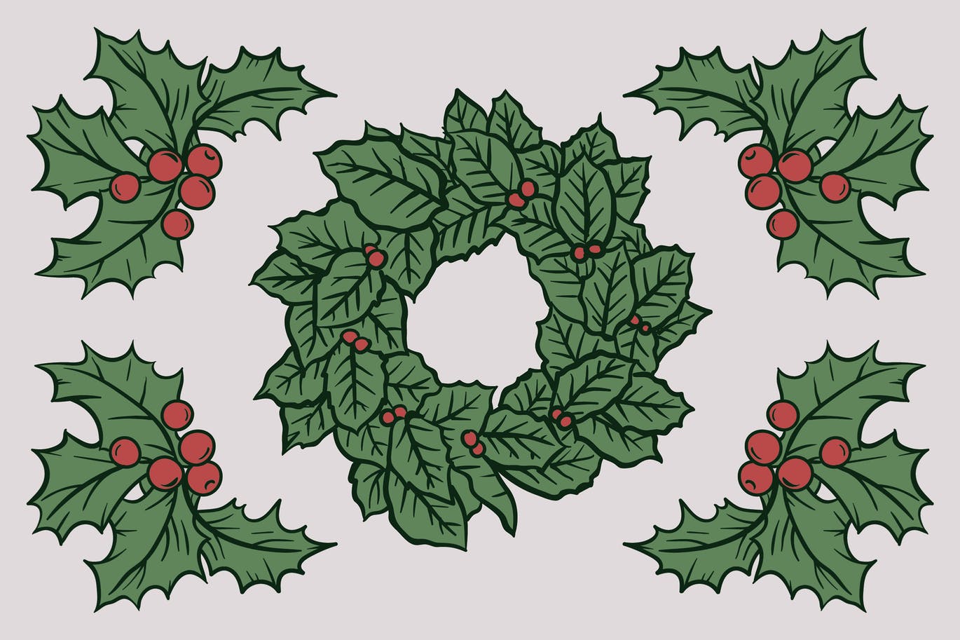 圣诞节浆果&树叶矢量手绘矢量素材 Christmas Autumn Berries Drawing插图