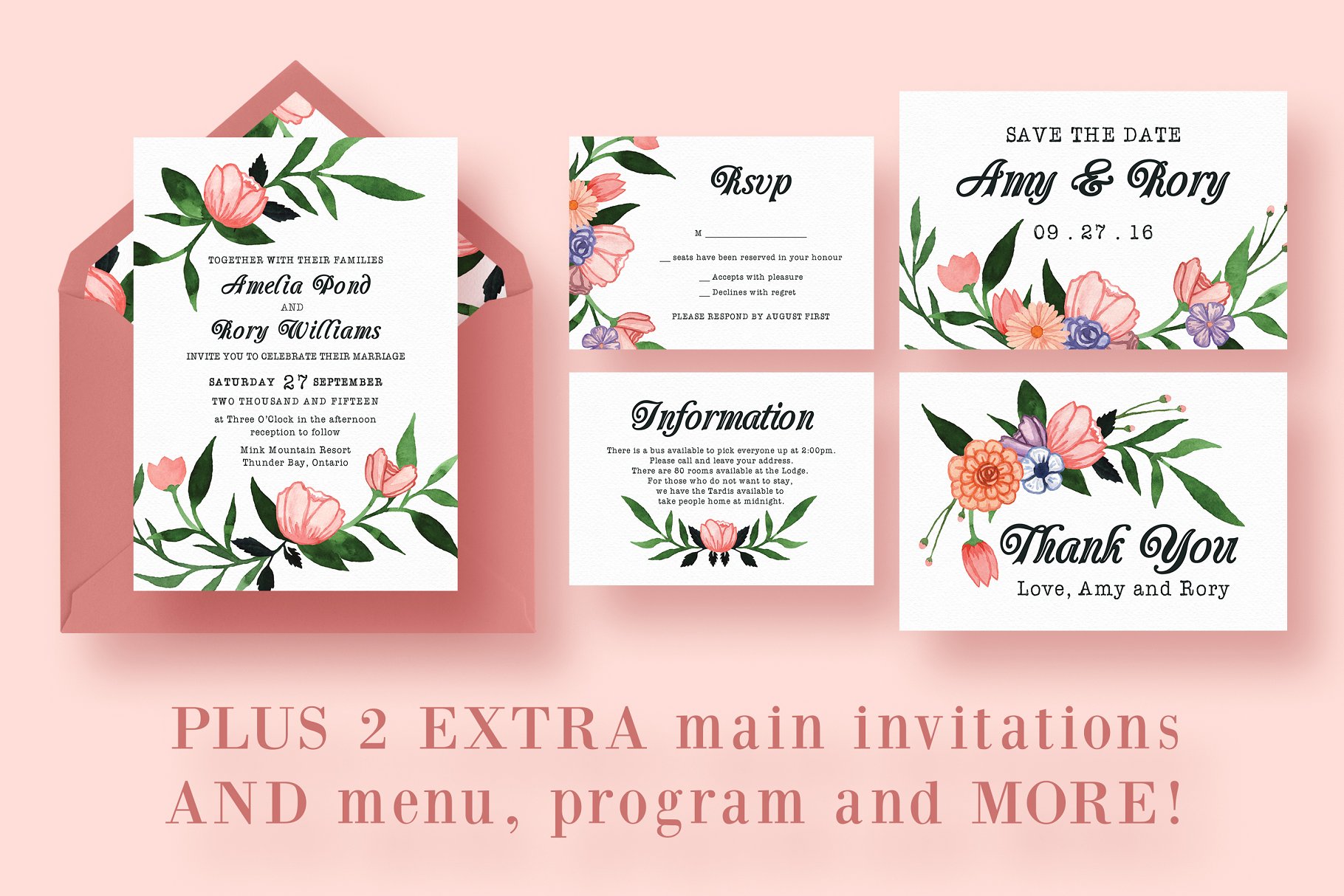 手绘水彩花卉装饰婚礼邀请函设计模板 Floral Watercolor Wedding Suite插图