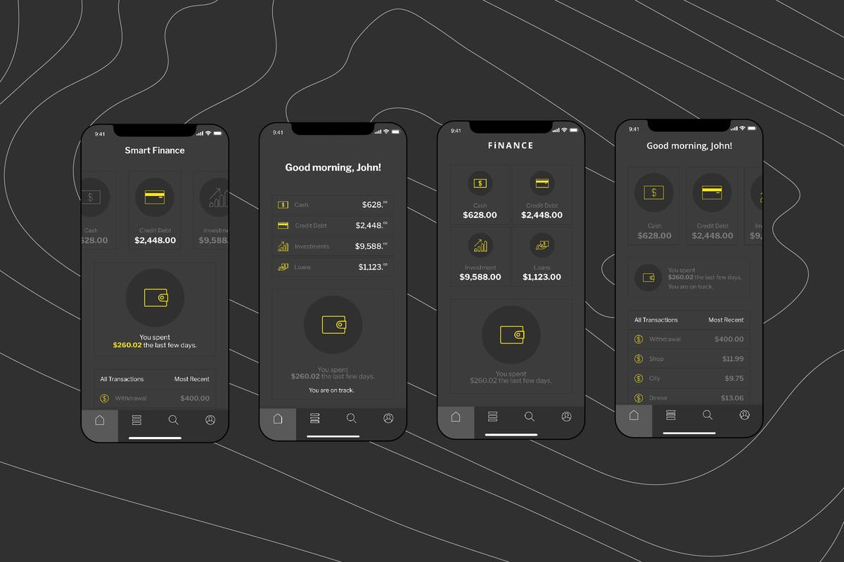 电子钱包APP应用用户中心UI界面模板[黑色配色方案]v4 Mobile Finance Home Ui – FD插图