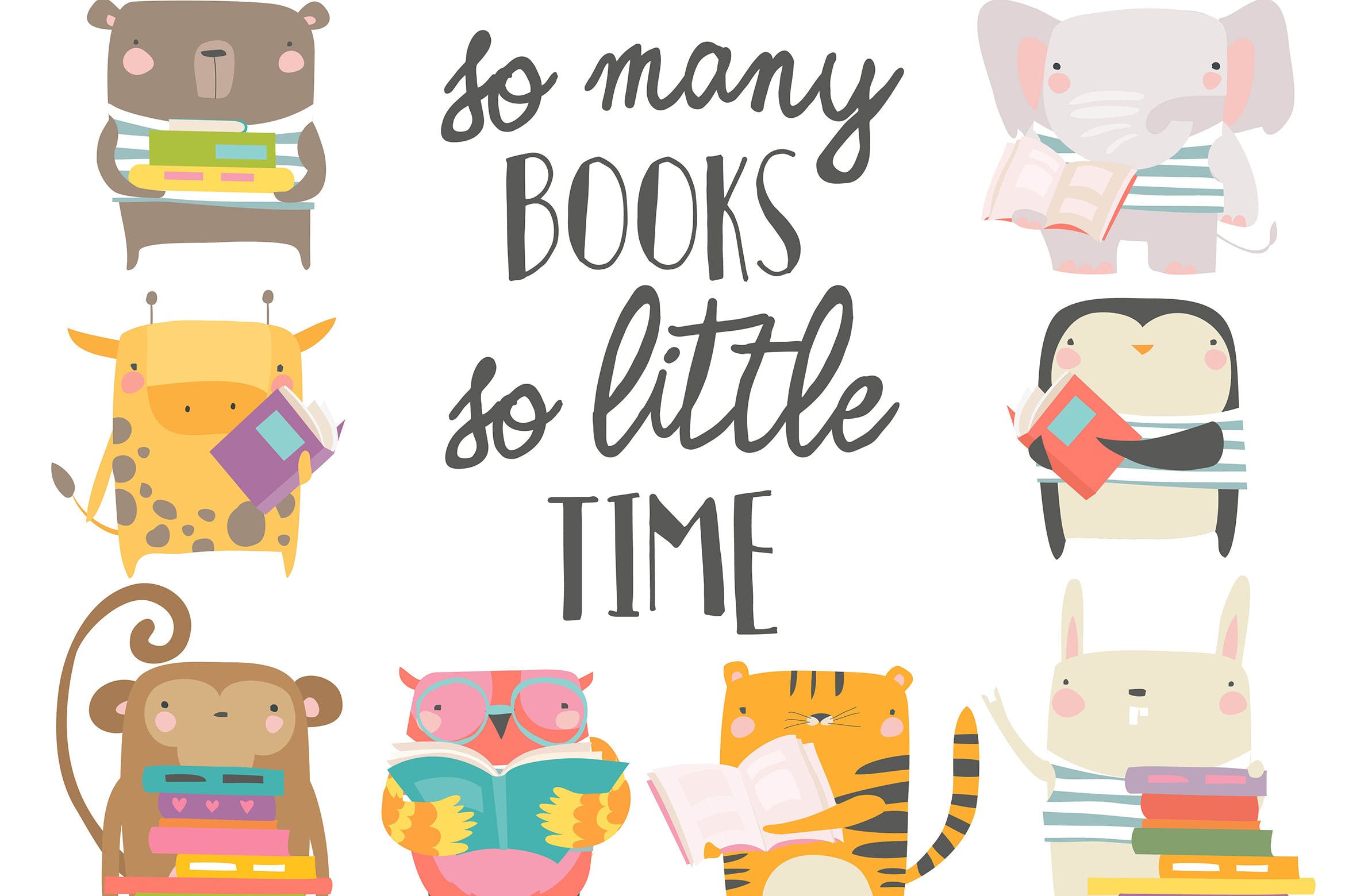 卡通动物阅读场景矢量插画素材 Vector set of cartoon animals reading books插图