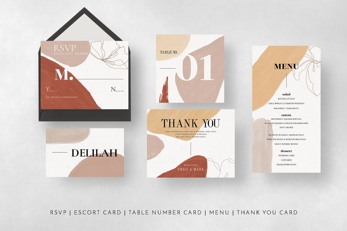 现代抽象水彩图案撕纸风格婚礼邀请设计套件 Modern Abstract Wedding Suite插图(12)