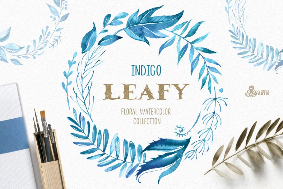 高品质靛蓝色手绘水彩花卉图案 Leafy Indigo. Watercolor Collection插图