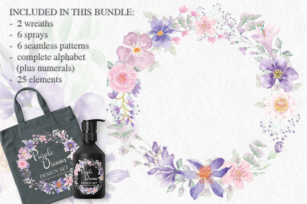 紫色梦幻水彩花卉图案设计素材包 Purple Dreams Watercolor Design Set插图(2)