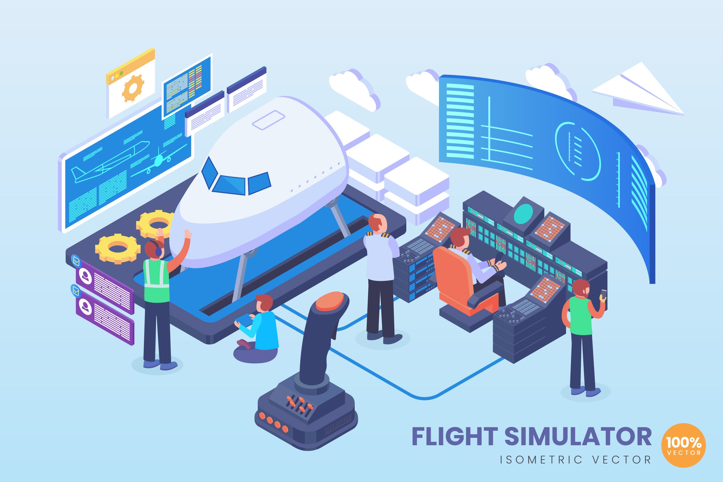 飞行模拟器技术等距矢量科技素材库精选概念插画v2 Isometric Flight Simulator Technology Vector插图