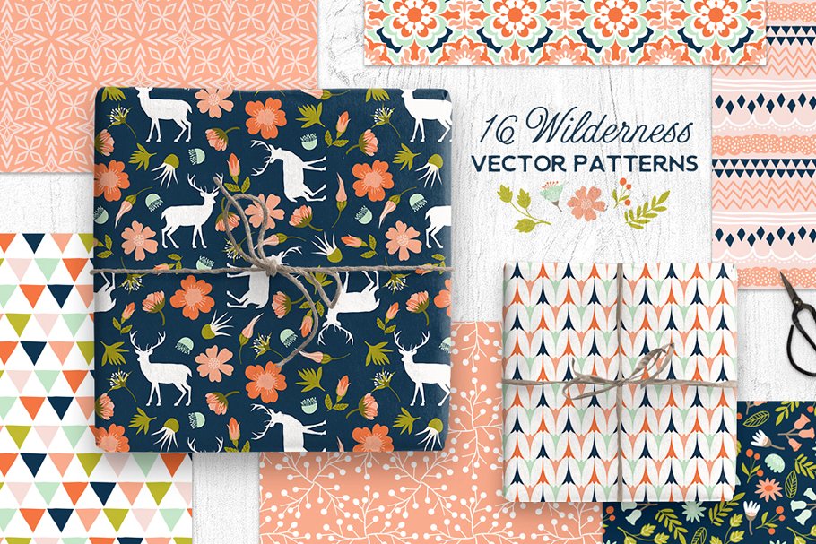 林地荒野主题矢量图案纹理 Woodland Wilderness Vector Patterns插图