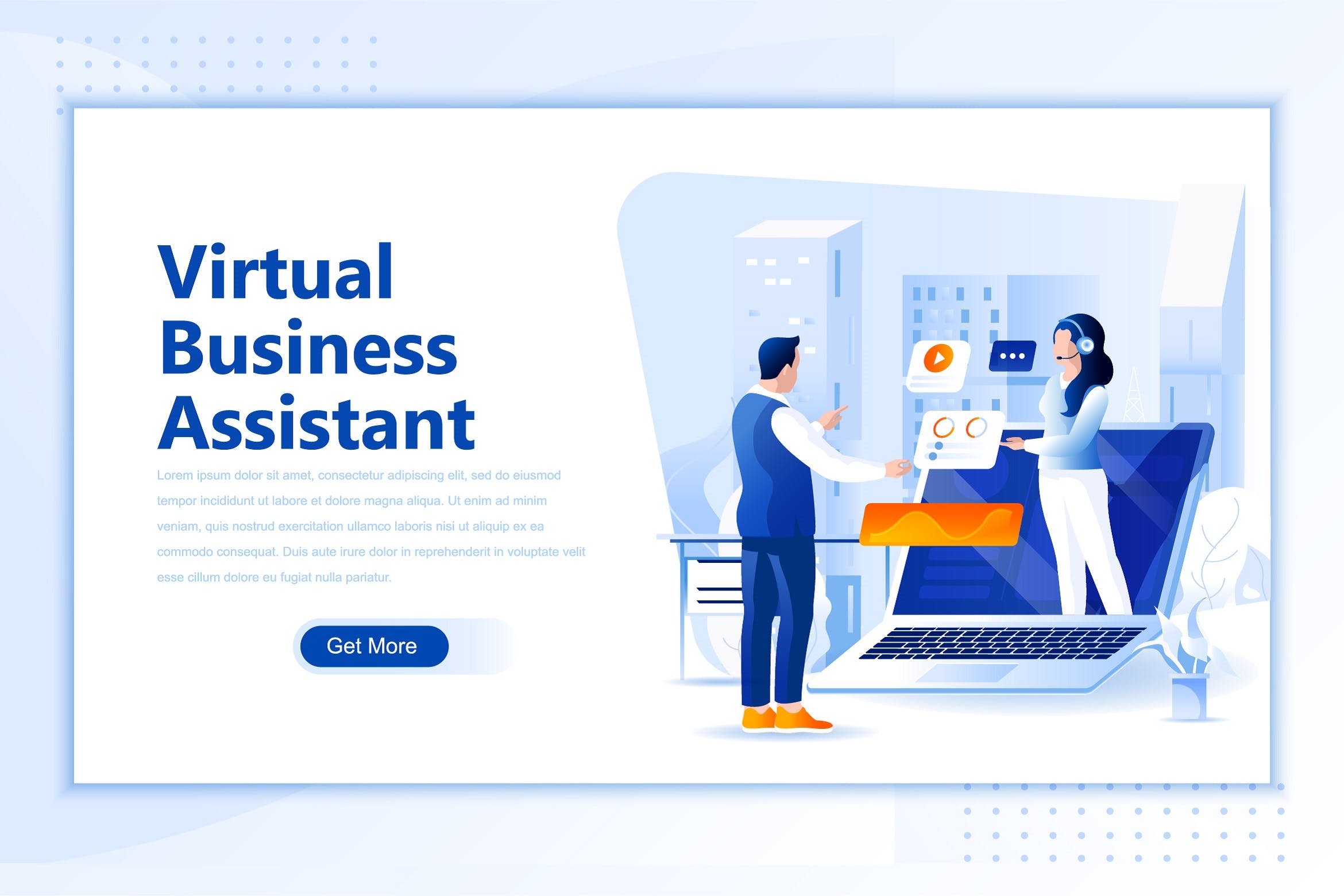 虚拟业务助理网站设计概念插画素材 Virtual Business Assistan Flat Landing Page Header插图