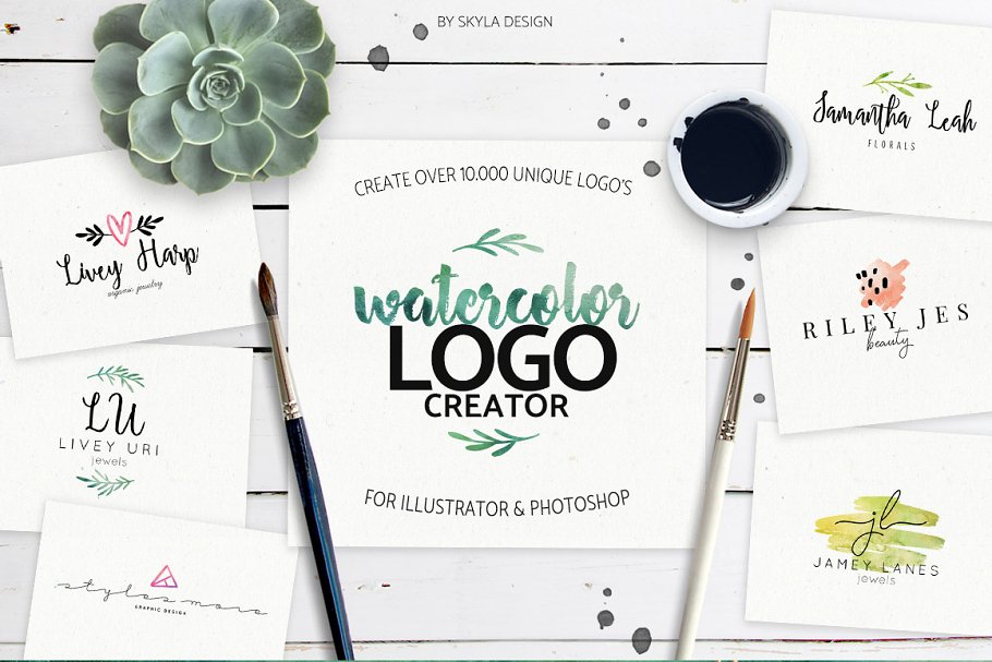 水彩风格Logo预设模板合集 Premade watercolor logo creator插图